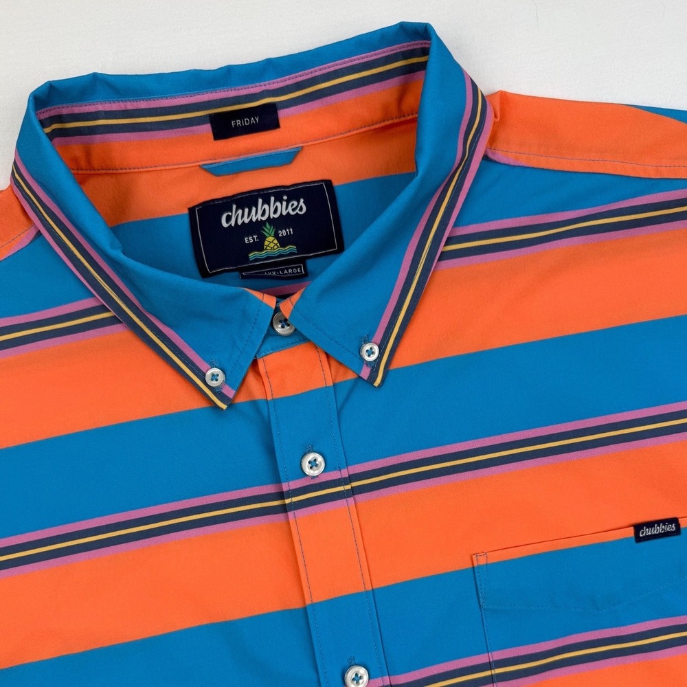 Chubbies The Friday Shirt Mens XXL Orange Blue Striped Short Sleeve Button Down